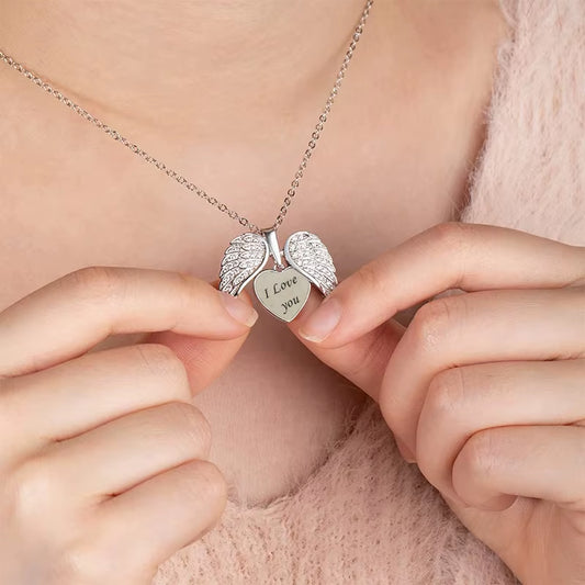 Custom Text Angel Wings Locket Necklace for Women Angel Wing Heart Pendant Necklace for Her Engrave Word Jewelry Memorial Gifts