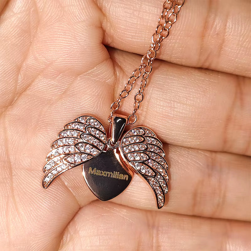 Custom Text Angel Wings Locket Necklace for Women Angel Wing Heart Pendant Necklace for Her Engrave Word Jewelry Memorial Gifts